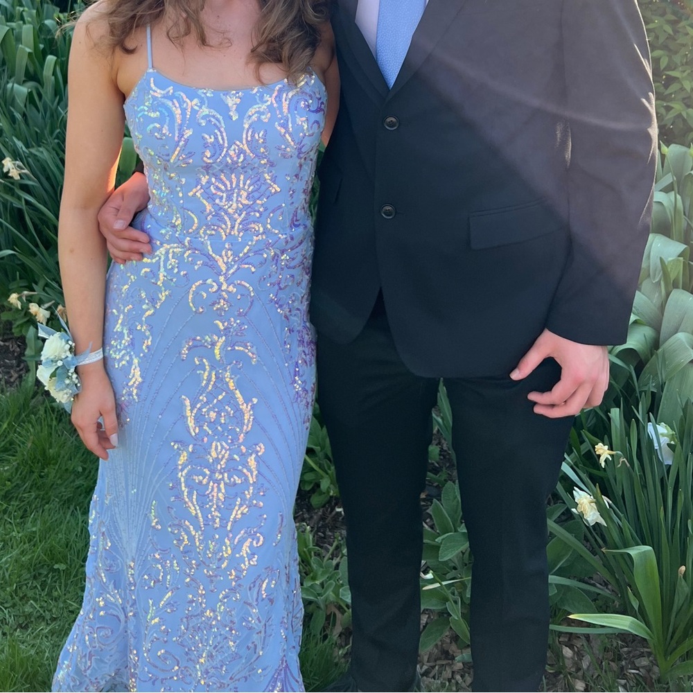 Light blue sequin prom dress